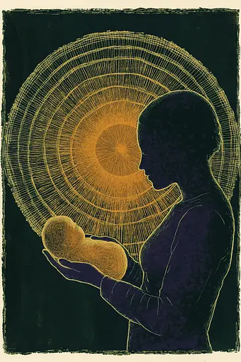 Midjourney generated image using SREF code Celestial Cadence: A woman holding a baby in her arms.