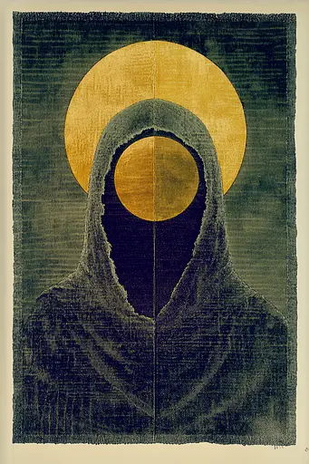 Midjourney generated image using SREF code Celestial Cadence: A painting of a person in a hooded cloak with a sun in the background.