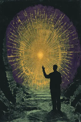 Midjourney generated image using SREF code Celestial Cadence: A man standing in front of a large circular object.