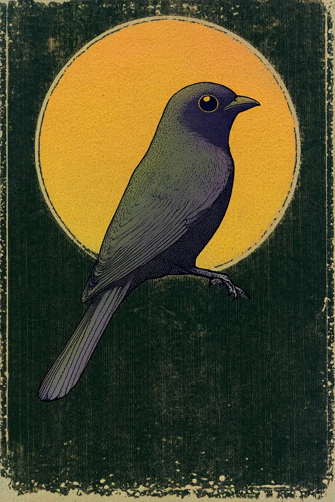 Midjourney generated image using SREF code Celestial Cadence: A black bird sitting on top of a green and yellow background.