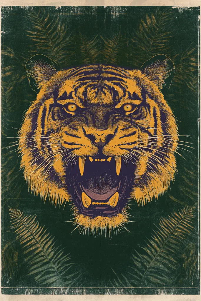 Midjourney generated image using SREF code Celestial Cadence: A poster of a roaring tiger in the jungle.