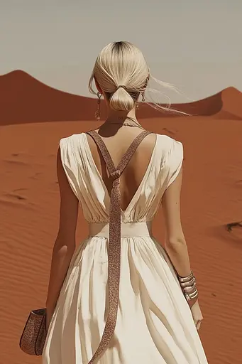 Midjourney generated image using SREF code Seraphic Veil: A woman in a white dress standing in the desert.