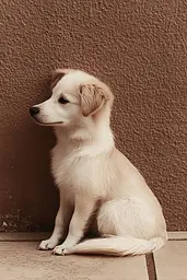 Midjourney generated image using SREF code Seraphic Veil: A small white dog sitting on the ground next to a wall.