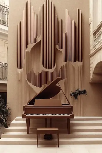 Midjourney generated image using SREF code Seraphic Veil: A grand piano sitting in front of a large wooden sculpture.