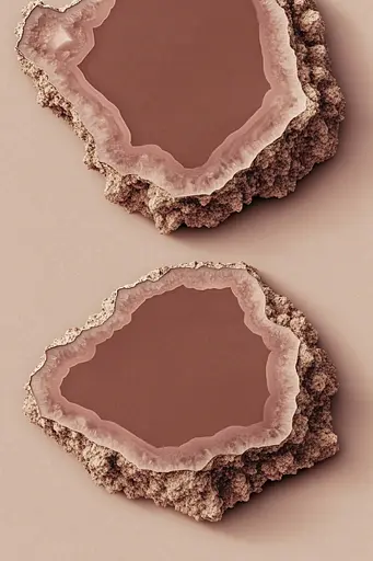 Midjourney generated image using SREF code Seraphic Veil: A pair of pink agate coasters on a beige background.