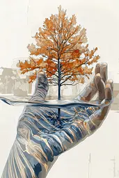 Midjourney generated image using SREF code Chromatic Fusion: A hand holding a tree in the middle of water.