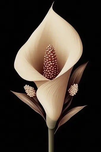 Midjourney generated image using SREF code Seraphic Veil: A painting of a white flower on a black background.