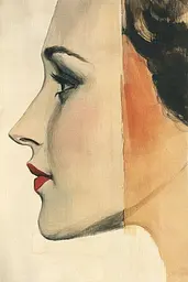 Midjourney generated image using SREF code Absurd Botanica: A painting of a woman's face with a red lipstick.