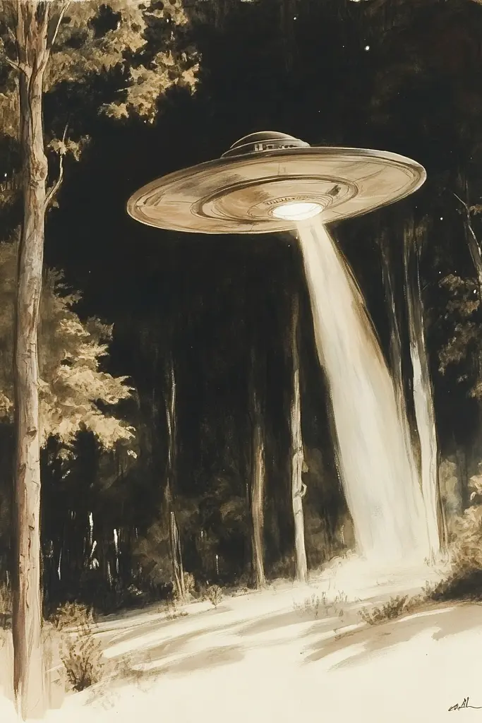 Midjourney generated image using SREF code Absurd Botanica: A drawing of a ufo flying saucer in the woods.