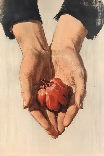 Midjourney generated image using SREF code Absurd Botanica: A painting of two hands holding a heart.