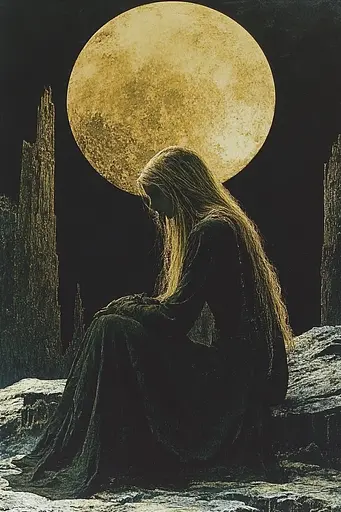 Midjourney generated image using SREF code Gilded Allure: A woman sitting on a rock in front of a full moon.