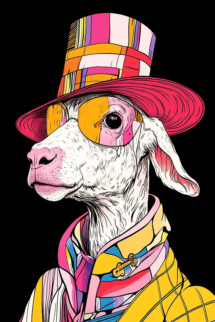 Midjourney generated image using SREF code Funky Fusion: A goat wearing a colorful hat and sunglasses.