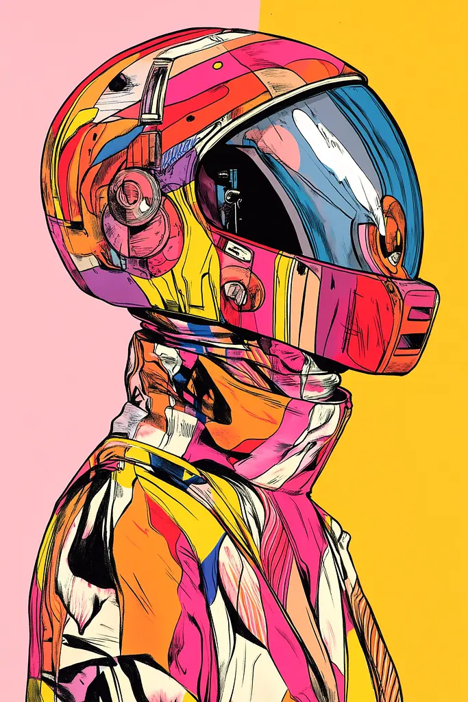 Midjourney generated image using SREF code Funky Fusion: A colorful illustration of a man wearing a helmet.