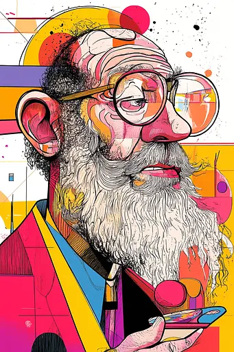 Midjourney generated image using SREF code Funky Fusion: A drawing of a man with a long beard and glasses.