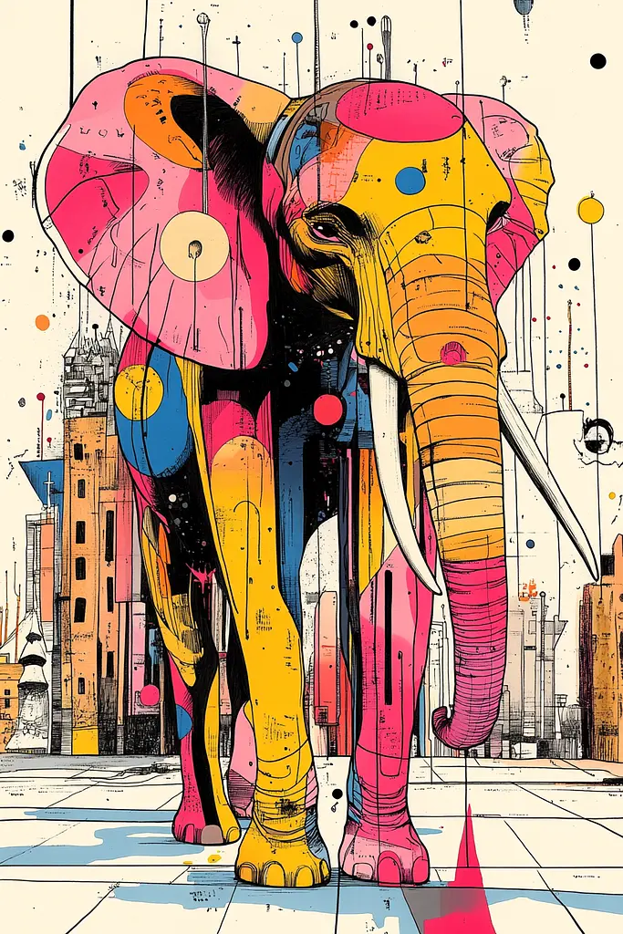 Midjourney generated image using SREF code Funky Fusion: A colorful elephant standing in front of a city.