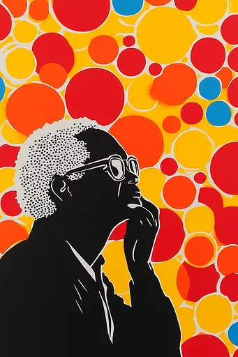 Midjourney generated image using SREF code Astronomical Pop: A painting of a man with glasses on a colorful background.