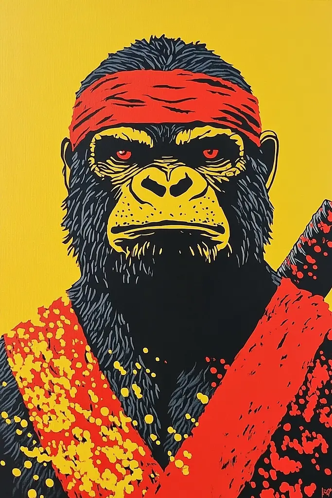 Midjourney generated image using SREF code Astronomical Pop: A painting of a gorilla with a red bandana on his head.