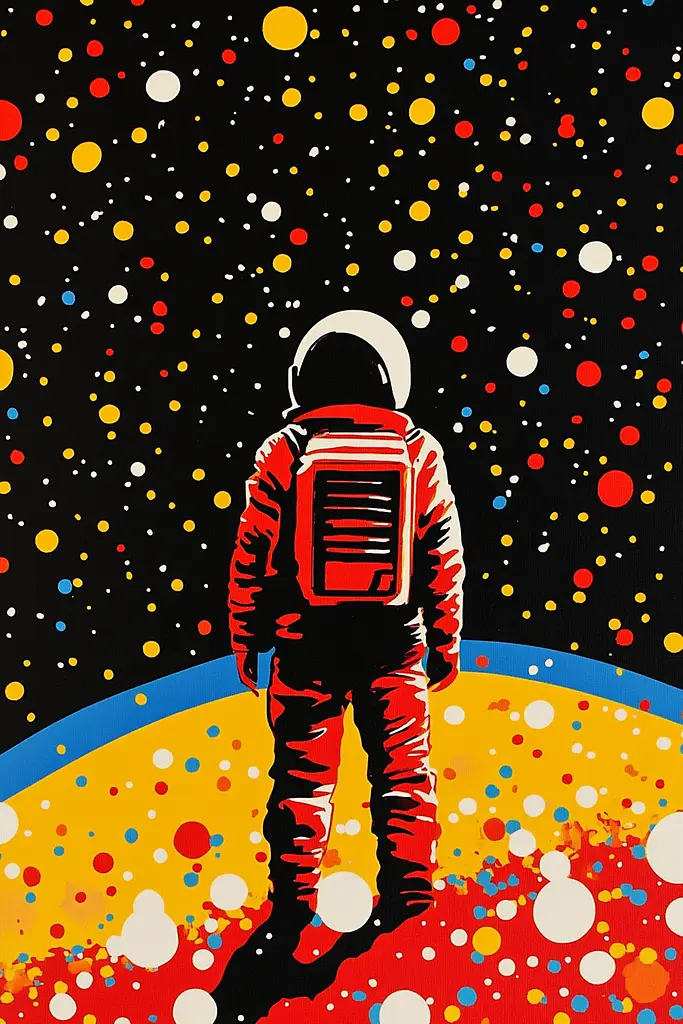 Midjourney generated image using SREF code Astronomical Pop: A painting of an astronaut standing on the moon.