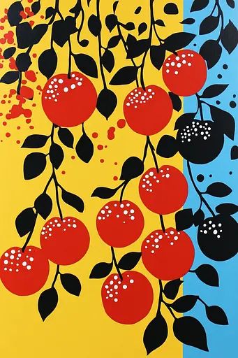 Midjourney generated image using SREF code Astronomical Pop: A painting of red and black cherries on a yellow background.