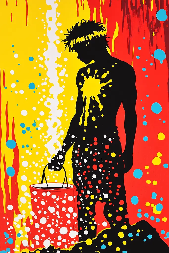 Midjourney generated image using SREF code Astronomical Pop: A painting of a man holding a bucket of paint.