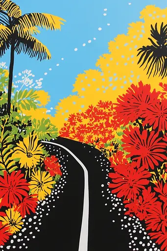 Midjourney generated image using SREF code Astronomical Pop: A painting of a road surrounded by flowers and palm trees.