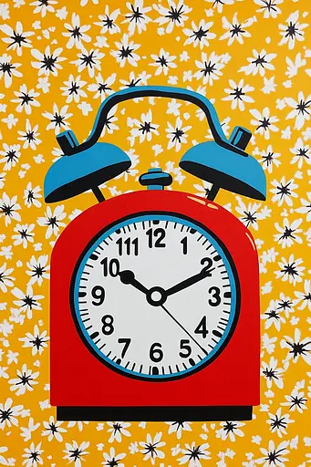 Midjourney generated image using SREF code Astronomical Pop: A red alarm clock sitting on top of a yellow background.