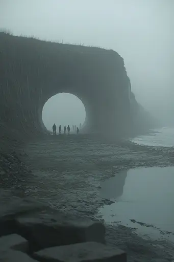 Midjourney generated image using SREF code Whispering Dusk: A group of people walking through a tunnel on a foggy beach.