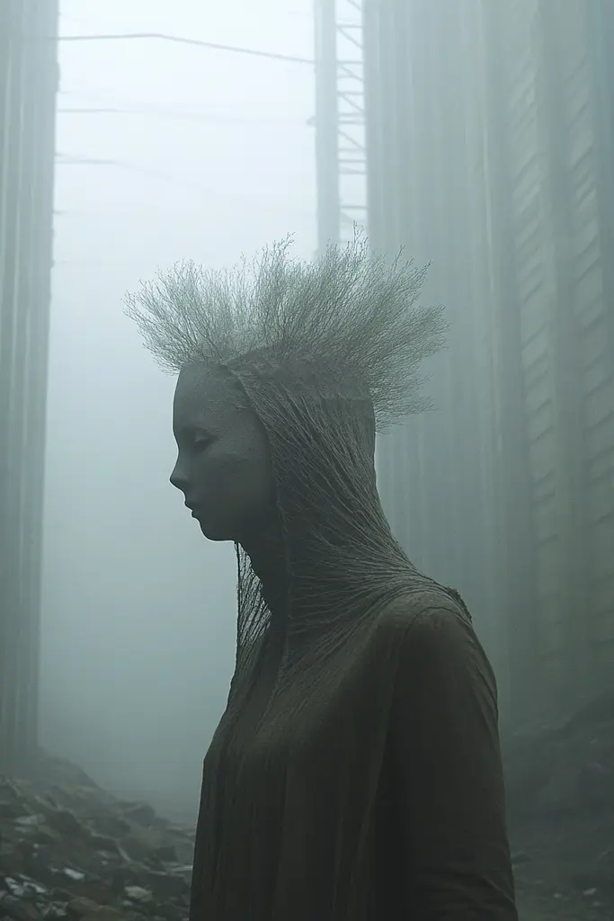 Midjourney generated image using SREF code Whispering Dusk: A woman with a mohawk on her head standing in a foggy room.