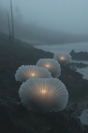 Midjourney generated image using SREF code Whispering Dusk: A group of white mushrooms sitting on top of a rocky beach.