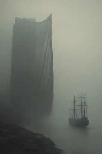 Midjourney generated image using SREF code Whispering Dusk: A tall ship floating in the fog next to a tall building.