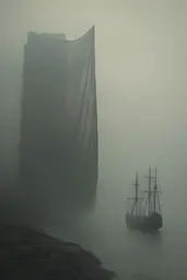 Midjourney generated image using SREF code Whispering Dusk: A tall ship floating in the fog next to a tall building.