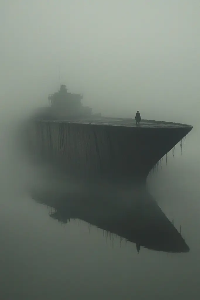 Midjourney generated image using SREF code Whispering Dusk: A man standing on top of a boat in the fog.