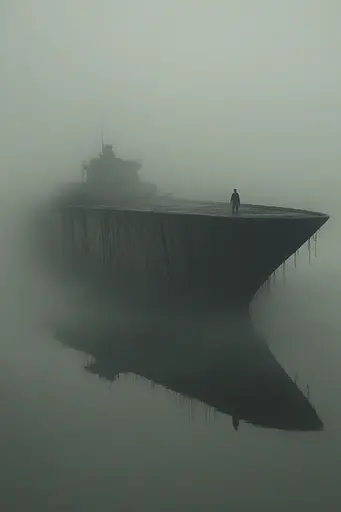 Midjourney generated image using SREF code Whispering Dusk: A man standing on top of a boat in the fog.