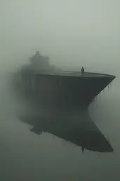 Midjourney generated image using SREF code Whispering Dusk: A man standing on top of a boat in the fog.