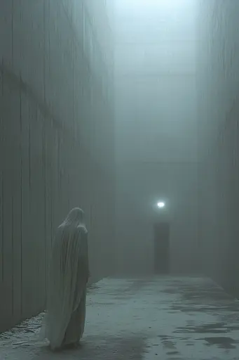 Midjourney generated image using SREF code Whispering Dusk: A person in a white robe walking down a dark hallway.