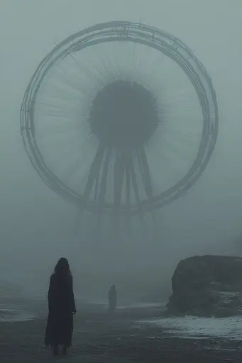 Midjourney generated image using SREF code Whispering Dusk: A person standing in front of a giant ferris wheel in the fog.