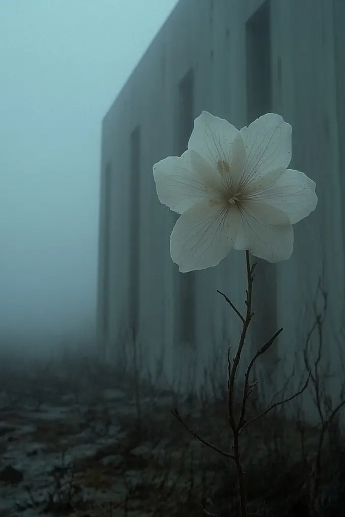 Midjourney generated image using SREF code Whispering Dusk: A single white flower in front of a building in the fog.