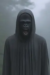 Midjourney generated image using SREF code Whispering Dusk: A man in a black hooded robe with his mouth open in the fog.