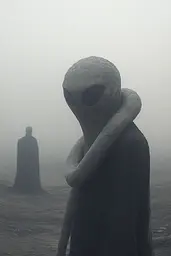 Midjourney generated image using SREF code Whispering Dusk: A man standing in the middle of a foggy field next to an alien.