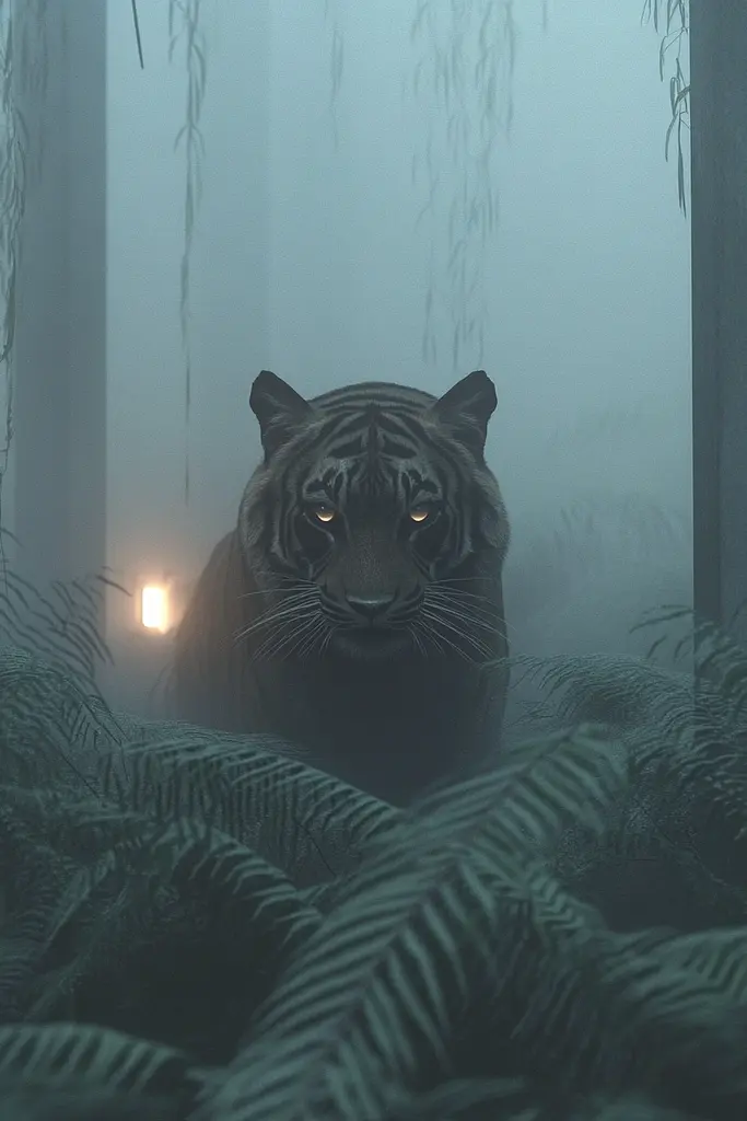 Midjourney generated image using SREF code Whispering Dusk: A tiger in the middle of a forest with a light in the background.