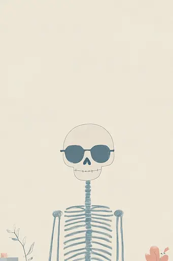 Midjourney generated image using SREF code Fleeting Palettes: A drawing of a skeleton wearing sunglasses and holding a flower.