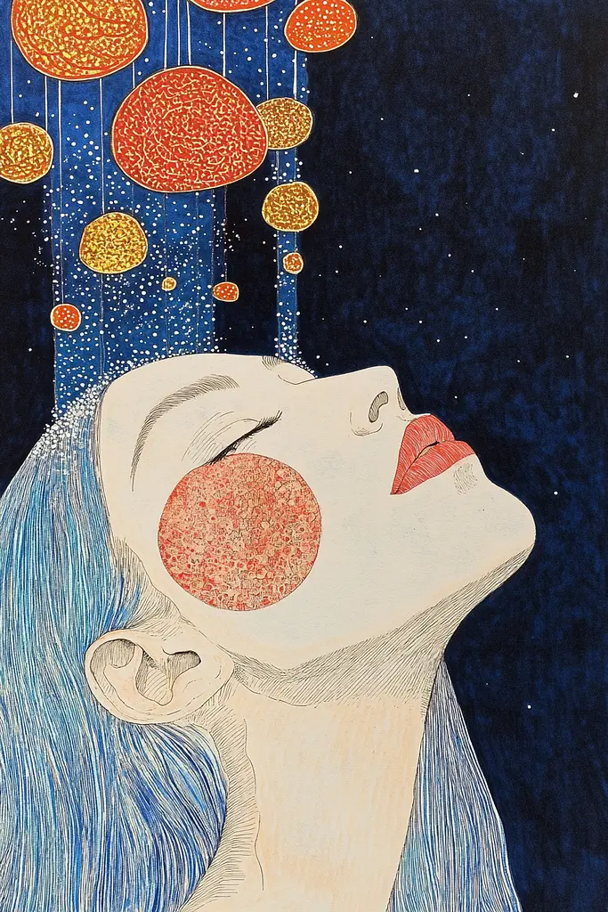 Midjourney generated image using SREF code Celestial Threads: A drawing of a woman with her eyes closed looking up at the stars.