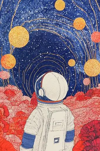 Midjourney generated image using SREF code Celestial Threads: A drawing of an astronaut standing in a field of flowers.