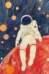 Midjourney generated image using SREF code Celestial Threads: A drawing of an astronaut sitting on a red planet.