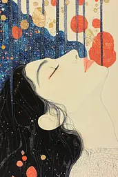 Midjourney generated image using SREF code Celestial Threads: A painting of a woman with her eyes closed and a flower in her mouth.