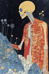 Midjourney generated image using SREF code Celestial Threads: A painting of a skeleton standing on top of a mountain.