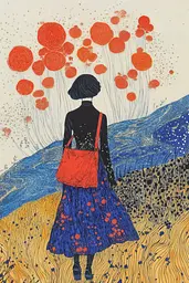 Midjourney generated image using SREF code Celestial Threads: A woman walking through a field of flowers with a red bag.