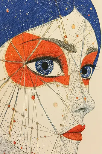 Midjourney generated image using SREF code Celestial Threads: A drawing of a woman's face with blue eyes.