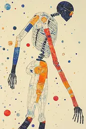 Midjourney generated image using SREF code Celestial Threads: A drawing of a skeleton standing in front of a space background.