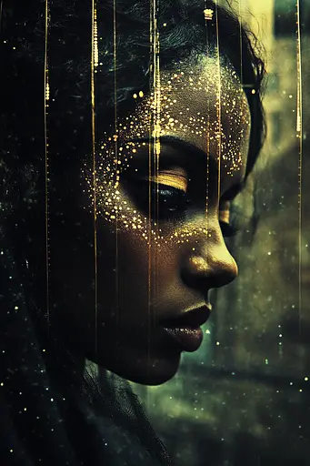 Midjourney generated image using SREF code Golden Quasar: A woman with gold glitter on her face looking out of a window.